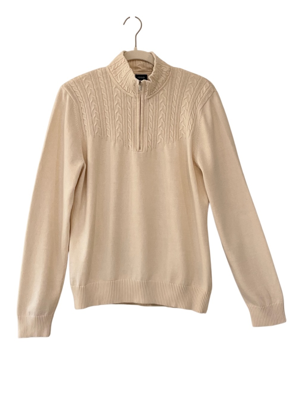 IZOD Cable Knit Quarter Zip Sweater Cream 100% Cotton Women’s XL